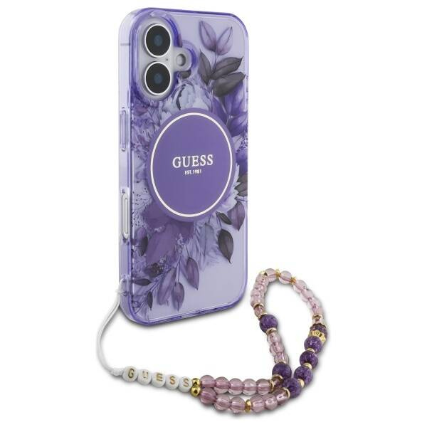 Etui Guess iPhone 16 6.1" fioletowy/purple hardcase IML Flowers With Pearl Strap MagSafe