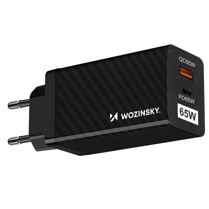 Chargeur GaN Wozinsky 65W avec ports USB, USB C prend en charge QC 3.0 PD noir (WWCG01)