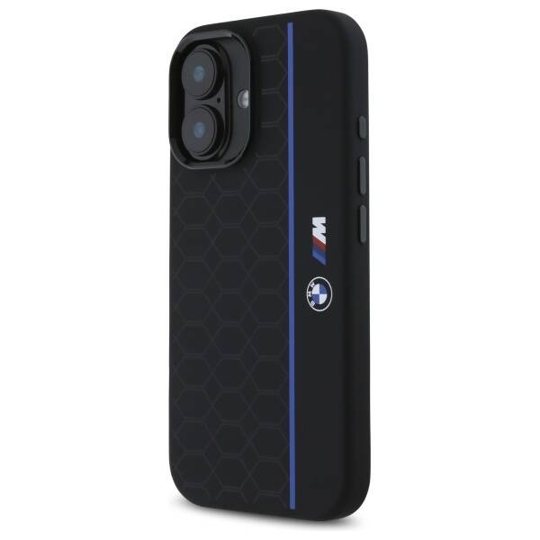 Cover BMW iPhone 16 nero/nero durocase Silicone Hexagon Blue Line MagSafe