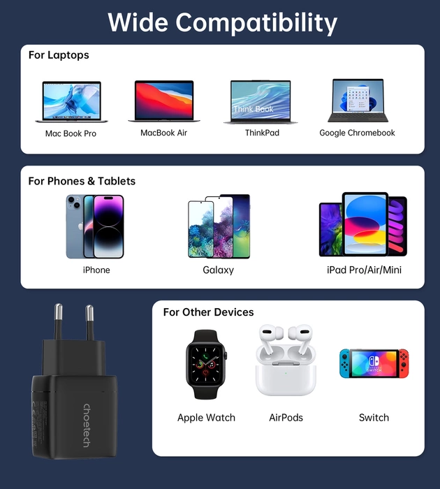 Choetech PD6051 USB-C USB-C PD 35W GaN nástěnná nabíječka s displejem - černá