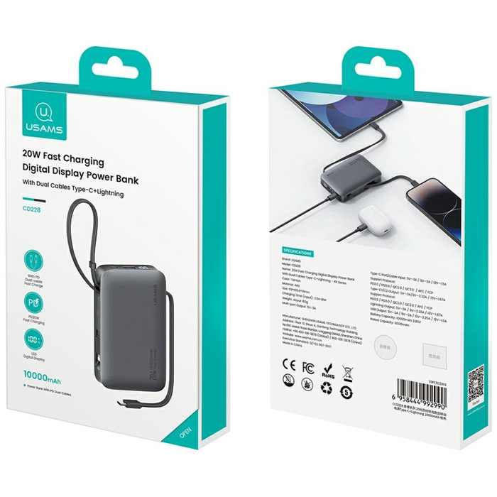 Powerbank USAMS XR Series CD228 10000mAh 20W + kabel USB-C/Lightning biały