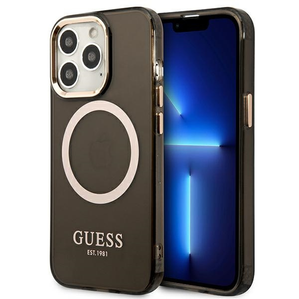 Case GUESS Apple iPhone 13 Pro Max Gold Outline Translucent MagSafe Black Hardcase