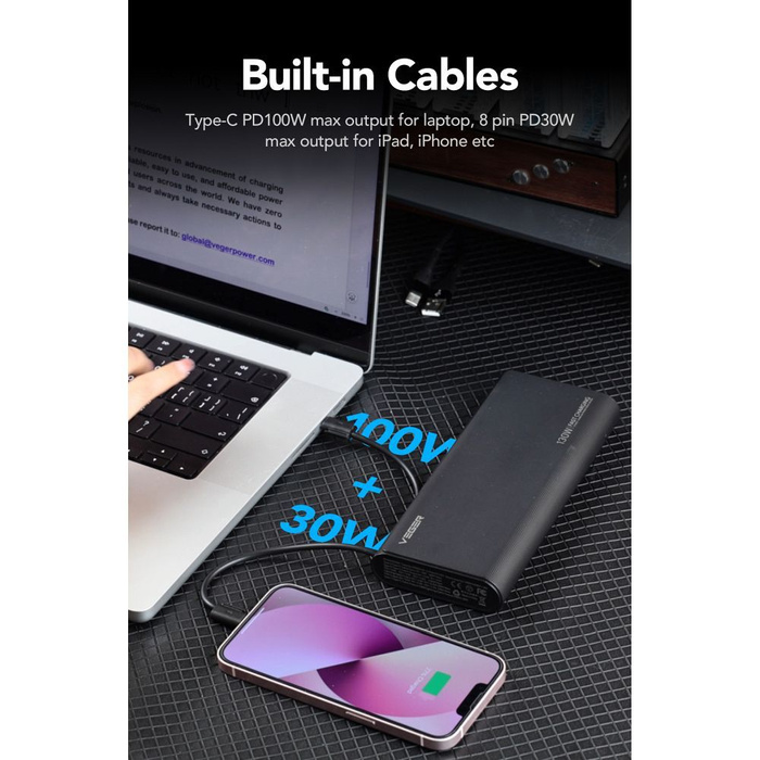 Powerbank Veger TCE130 (W2503) PD 130W 25000 mAh z wbudowanymi kablami Typ C / Lightning czarny