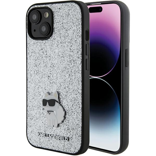 Karl Lagerfeld KLHCP15SGCNPSG iPhone 15 6,1" argento/argento durocase fisso Glitter Choupette Logo Metal Pin