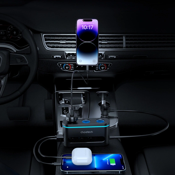Charger Choetech TC0021 car 2x USB-C PD 1x USB-A QC 3x cigarette lighter socket - black
