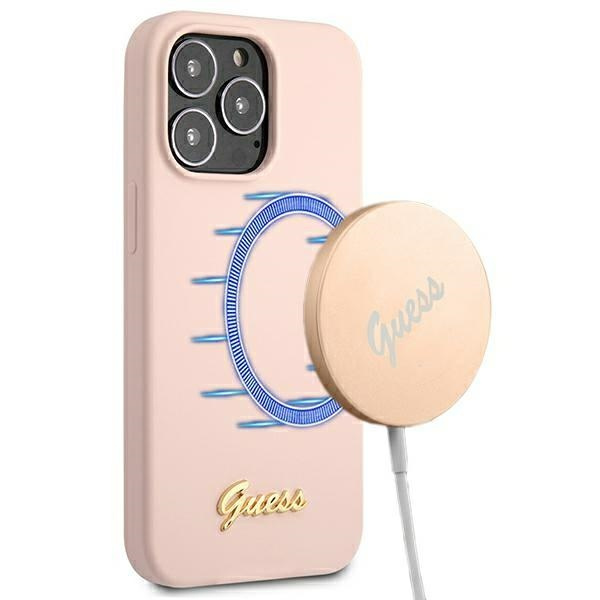 Case GUESS Apple iPhone 13 Pro Max Silicone Script Gold Logo MagSafe Pink Hardcase