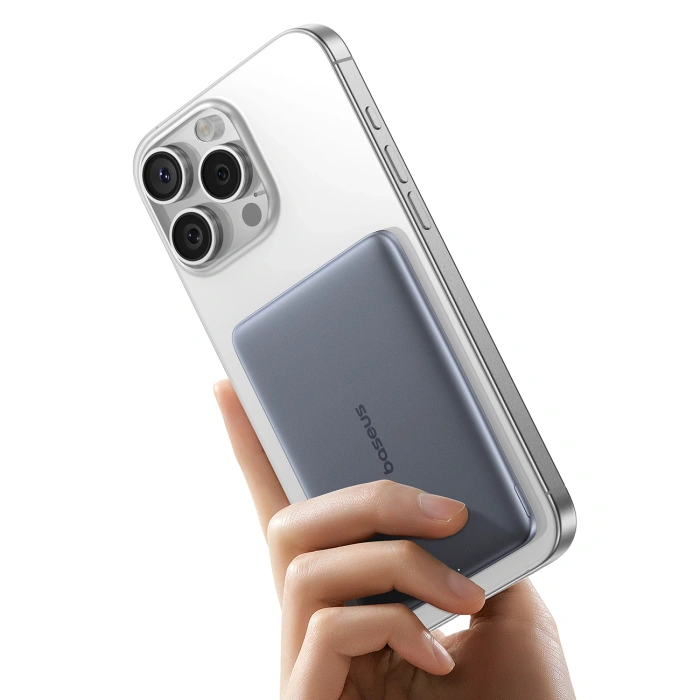 Powerbank Baseus PicoGo AM41 5000mAh 20W ultra-cienki, kompatybilny z MagSafe z czarnym kablem Baseus Simple USB-C 60W 30cm - szary