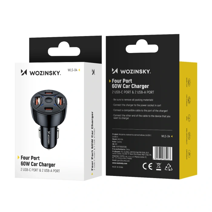 Ładowarka samochodowa Wozinsky WLS-04 60W 2xUSB-C 2xUSB-A - czarna
