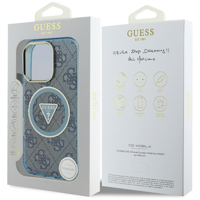 Etui Guess IML Metal Glitter 4G Circle   Triangle MagSafe do iPhone 16 Pro Max niebieski