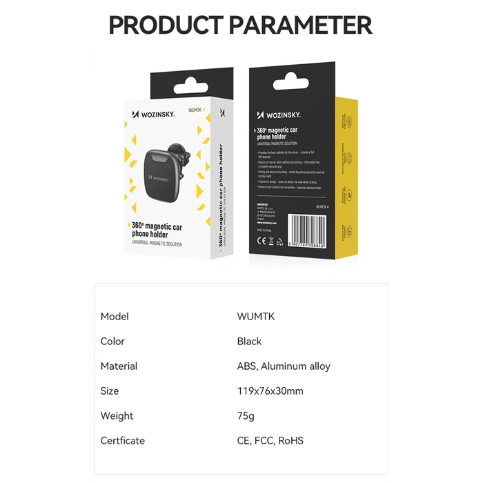 Wozinsky WUMTK support de téléphone magnétique pour grille d&#39;aération de voiture - noir