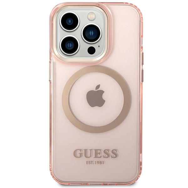 Cover GUESS Apple iPhone 14 Pro Max Gold Outline Translucent MagSafe Pink Hardcase