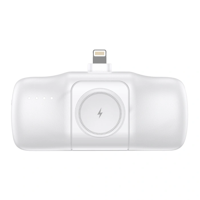 Mini powerbank Wozinsky WF16-YLS 5000mAh 15W Lightning z wbudowanym kablem USB-C i ładowarką do Apple Watch - biały