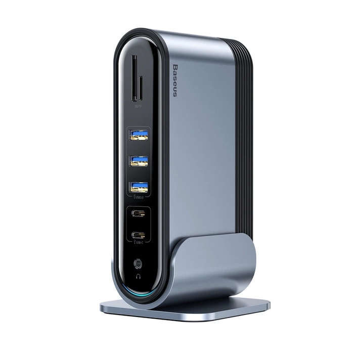 [APRÈS RETOUR] HUB multifonction Baseus 3x USB 3.2 Gen 1 / 2x USB Type C / Lecteur de carte SD et micro SD / AUX / 2x DisplayPort / 2x HDMI / RJ45 1Gbps Power Delivery 100W (EU / CN / UK plug set) gris (CAHUB-DG0G)