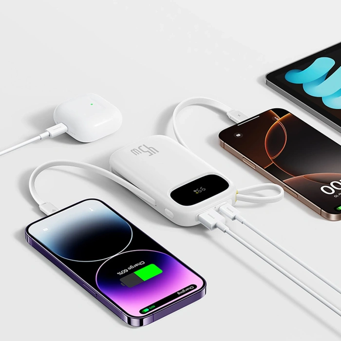 Powerbank Baseus EnerFill FC31 20000mAh 45W z wyświetlaczem cyfrowym i 2 wbudowanymi kablami (USB-C + Lightning) - biały