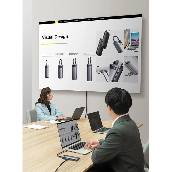 [B WARE] Baseus Metal Gleam Series 8-in-1 USB Typ C HUB Dockingstation – 2 x HDMI / 3 x USB 3.2 Gen. 1 / 1 x Stromversorgung / 1 x SD-Kartenleser / 1 x TF-Kartenleser grau (WKWG050113)