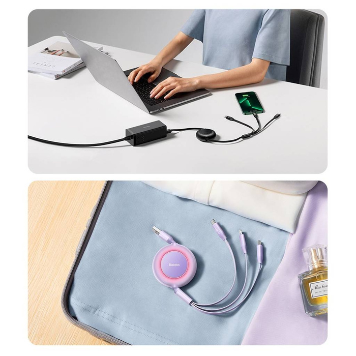 Baseus Bright Mirror 2 zatahovací kabel 3v1 USB typ A - micro USB + Lightning + USB typ C 66W 1,1 m modrý (CAMJ010103)