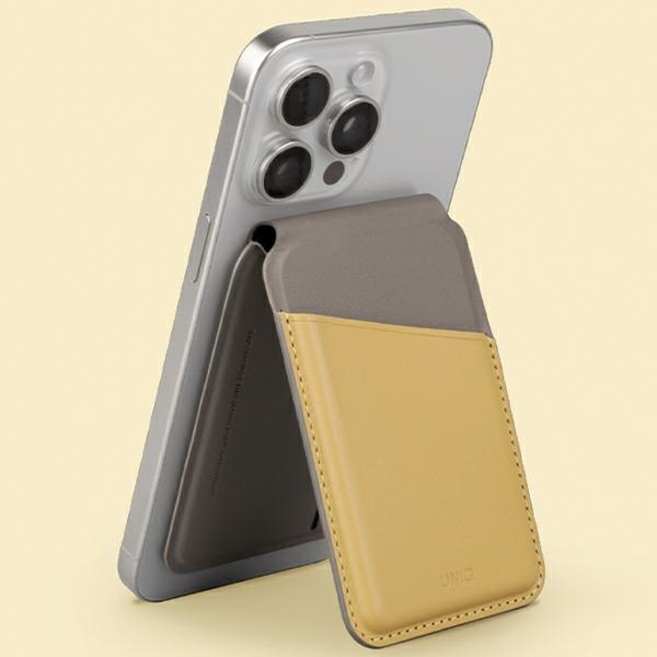 Uniq Lyden DS magnetische RFID-Geldbörse mit Telefonständer – gelbgrau