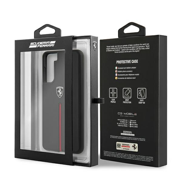 Tasche FERRARI Samsung Galaxy S21 G991 Off Track Leder Nylon Streifen FEOSIHCS21SBK Schwarz HardHülle