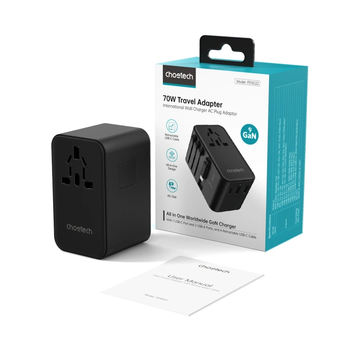 Ladergerät choetech PD5022 70W EU / US / AUS / UK Reisekoffer mit integriertem kabel USB-C - schwarz