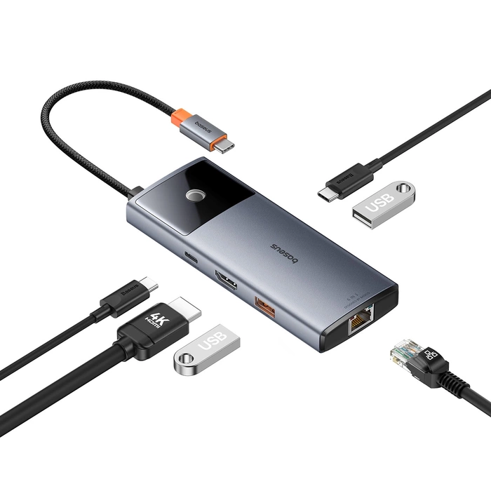 USB HUB 6v1 Baseus Metal Gleam Series II USB-A/USB-C/USB-C PD/HDMI/RJ45/SD/TF - černý