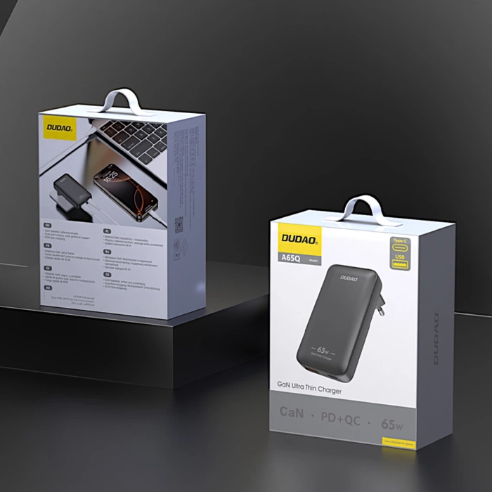 GaN Dudao A65Q 65W USB-A / USB-C PD Ultradünnes Wandladegerät - Schwarz
