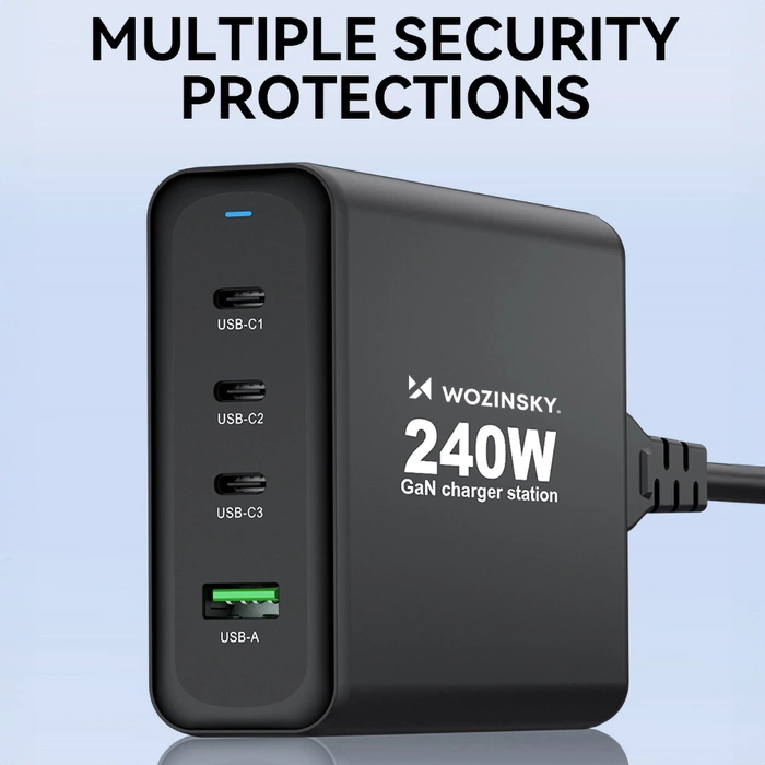 Wozinsky WGCSB 240W GaN-Wandladegerät USB-A / 3 x USB-C - Schwarz