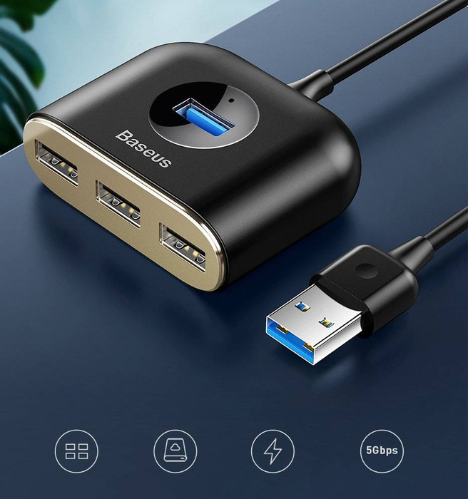 Baseus Square round 4 in 1 USB HUB Adapter (USB3.0 TO USB3.0 * 1 + USB2.0 * 3) 1m Black (CAHUB-AY01)