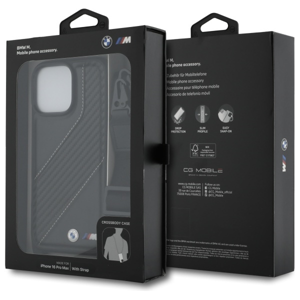 Cover BMW iPhone 16 Pro Max nero/nero durocase M Edition Carbon Stripe &amp; Strap