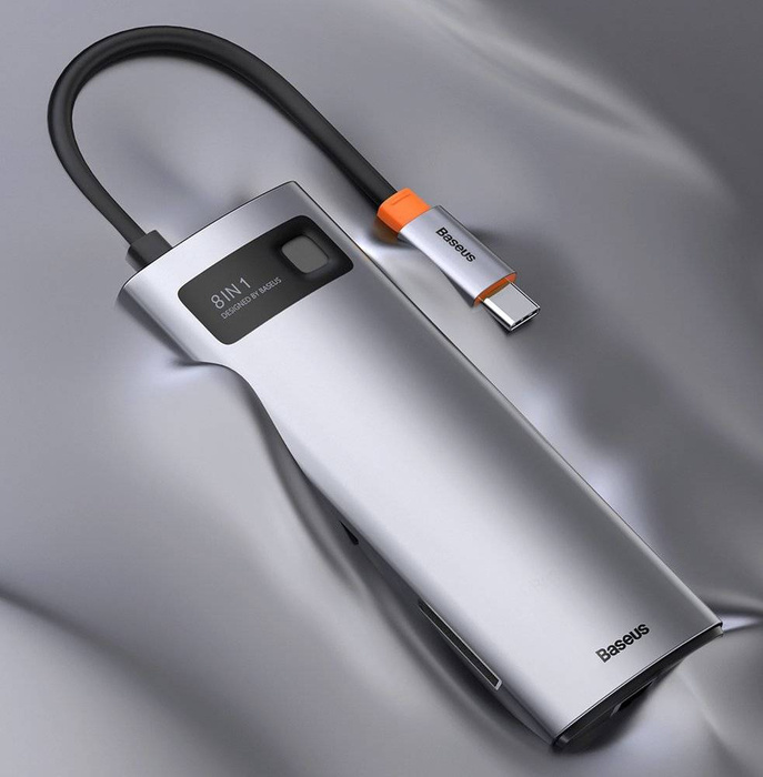 Baseus Metal Gleam 8v1 multifunkční HUB USB Typ C - USB Typ C Napájení 100 W / HDMI 4K 30 Hz / Čtečka karet SD a microSD / 3x USB 3.2 Gen 1 / RJ45 1 Gbps šedá (CAHUB-CV0G)