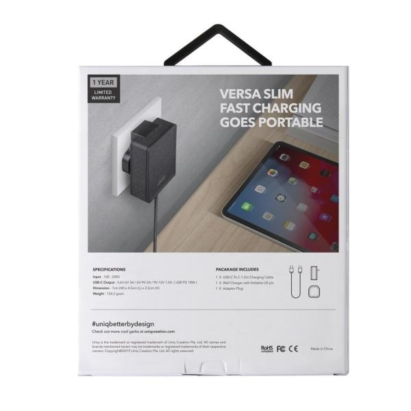 Uniq Bestellung. Netzwerk. Versa Slim USB-C PD 18W + USB-C zu USB-C Kabel schwarz / anthrazit (LITHOS Collective)
