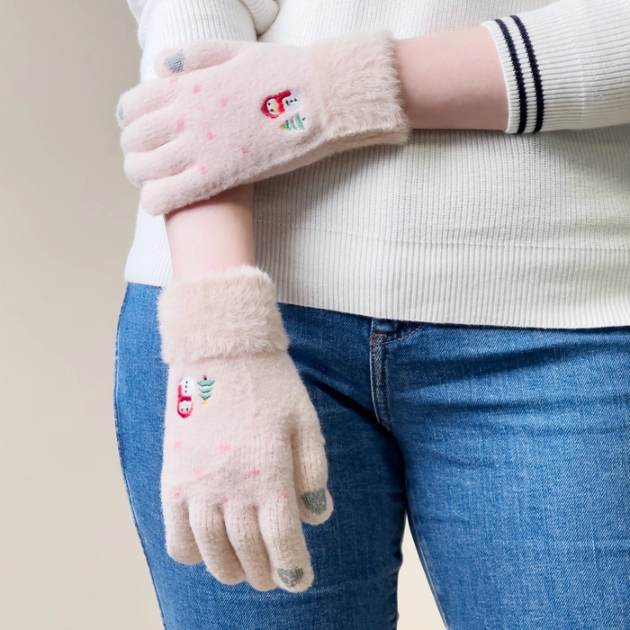 Guantes telefónicos de invierno para mujer con muñeco de nieve y árbol de Navidad - beige