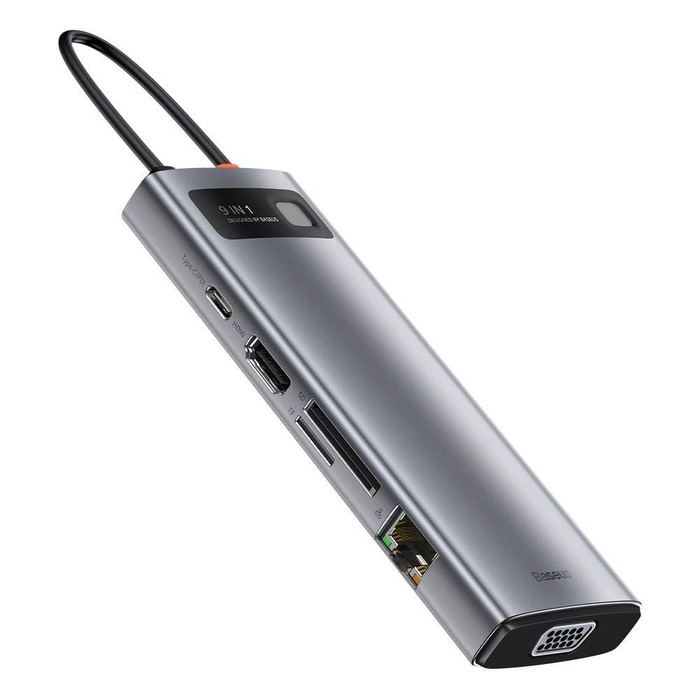 Baseus Metal Gleam 9v1 multifunkční HUB USB Type C - 3x USB 3.2 Gen 1 5Gbps / USB Type C PD 100W / VGA Full HD 60Hz / HDMI 4K 30Hz / Čtečka karet TF a SD / RJ45 1Gbps šedá (CAHUB-CU0G)