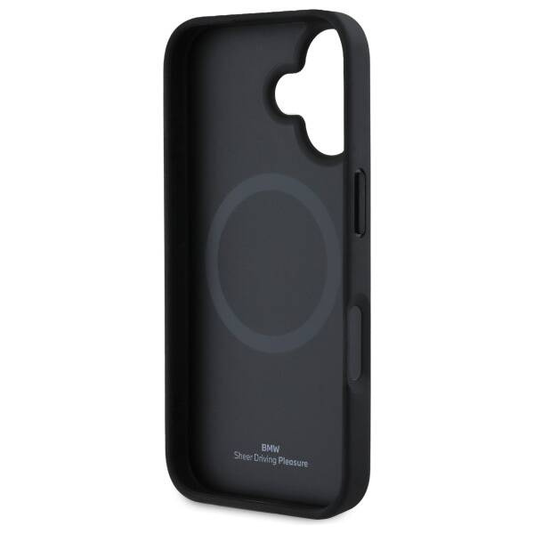 Funda BMW iPhone 16 6,1 "negro / negro durocase Signo de cuero texturizado y la línea MagSafe