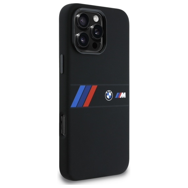 Cover BMW iPhone 16 Pro Max nero/nero durocase Striscia centrale in silicone MagSafe