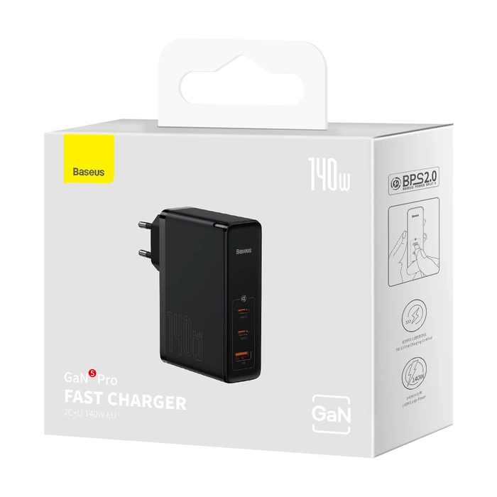 Wall charger Baseus GaN5 Pro 2xUSB-C + USB, 140W (black)