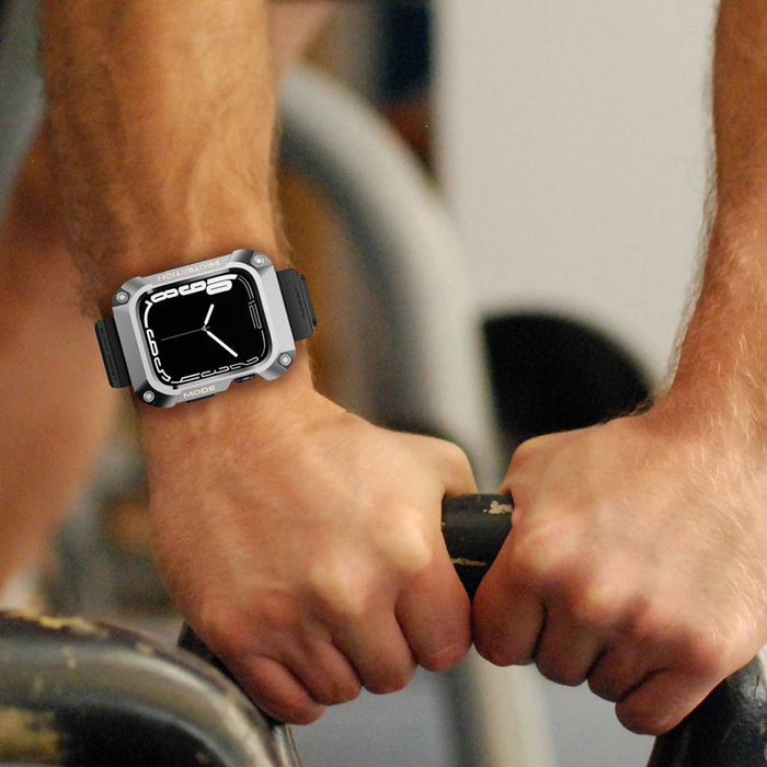 Kingxbar CYF134 2in1 Armband für Apple Watch Ultra, SE, 8, 7, 6, 5, 4, 3, 2, 1 (49, 45, 44, 42 mm) mit integriertem Edelstahl-Rüstungsgehäuse Silber