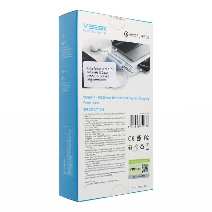Powerbank Veger K1 (W1188) PD QC3.0 35W 10000 mAh z wbudowanymi kablami USB C / Lightning niebieski