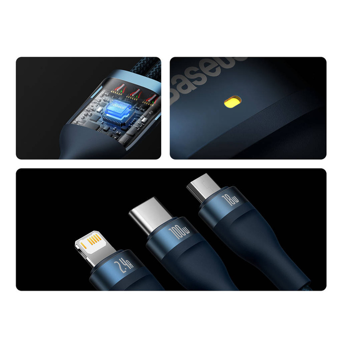 Baseus Flash Series Ⅱ One-for-three Fast Charging Data Cable USB to M+L+C 100W 1.2m Blue
