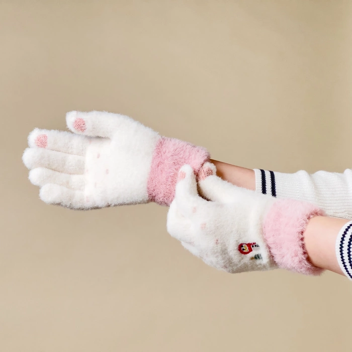 Gants de téléphone d'hiver femme avec un bonhomme de neige et un sapin de Noël - blanc et rose