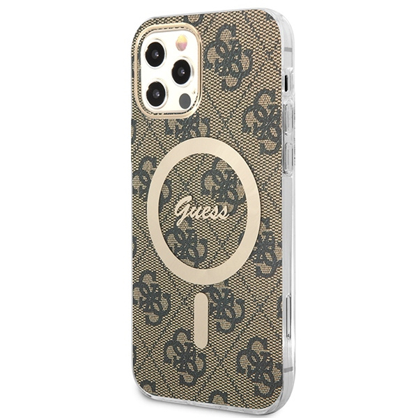 Súprava Puzdro Guess Case+ nabíjačka iPhone 12/12 Pro hnedá/hnedá tvrdá case 4G Tlač MagSafe