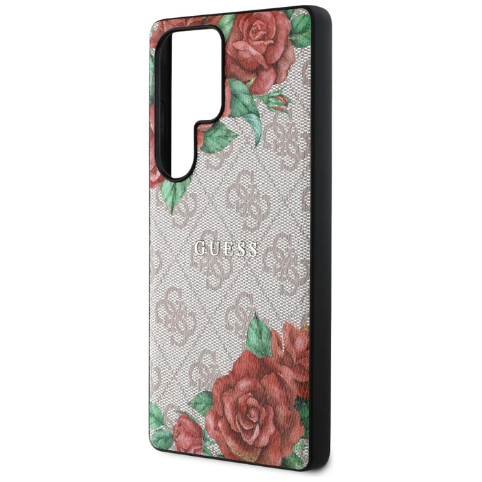 Etui Guess Leather 4G Flowers Print       Metal Classic Logo MagSafe Samsung Galaxy S25 Ultra różowy