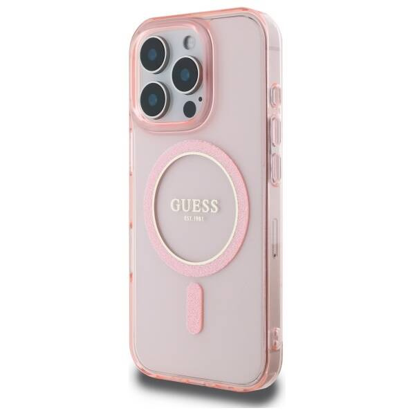 Etui Guess iPhone 16 Pro różowy/pink hardcase IML Glitter Circle MagSafe