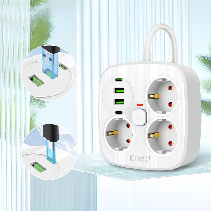 TECH-PROTECT PCS3X4 POWER STRIP 2 USB & 2 TYPE-C & 3 SOCKET 200CM WHITE