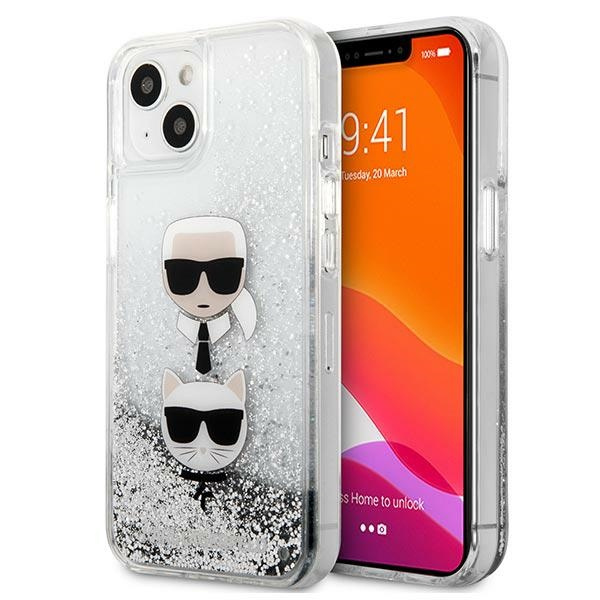 Hülle KARL LAGERFELD Apple iPhone 13 Mini Liquid Glitter Karl&Choupette Kopf Silber Hardcase