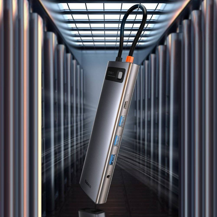 Baseus Metal Gleam 11in1 Multifunktions-HUB USB Typ C - 3x USB 3.2 Gen 1 5Gbps / USB Typ C PD 100W / 3,5 mm Miniklinke AUX / VGA Full HD 60Hz / 2x HDMI 4K 30Hz / TF und SD Kartenleser / RJ45 1Gbps grau (CAHUB-CT0G)