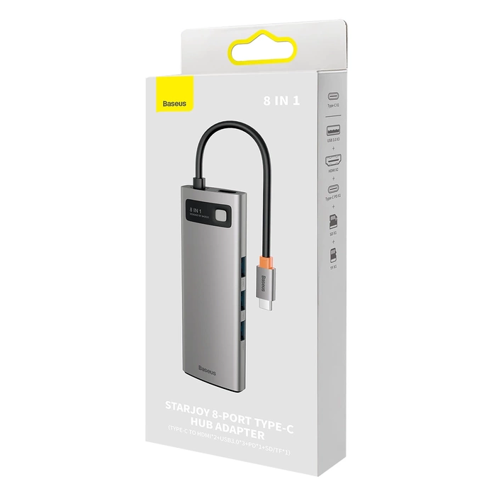 [RETURNED ITEM] Dokovací stanice 8-v-1 USB typu C HUB Baseus Metal Gleam Series – 2 x HDMI / 3 x USB 3.2 Gen. 1 / 1 x napájení / 1 x čtečka karet SD / 1 x čtečka karet TF šedá (WKWG050113)