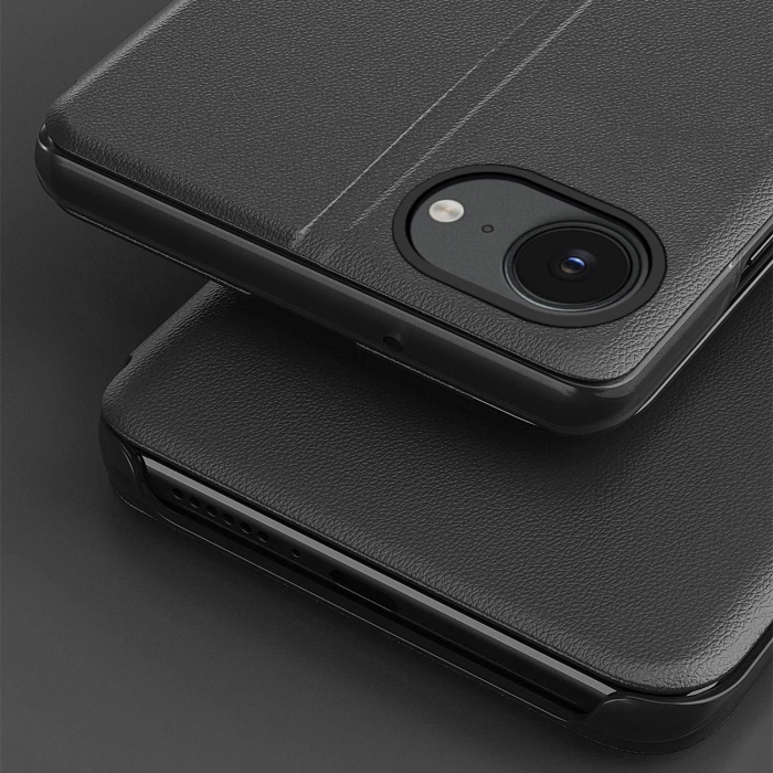 Eco Leather View Case elegante Hülle mit Klappe und Ständer für iPhone 16e - Schwarz