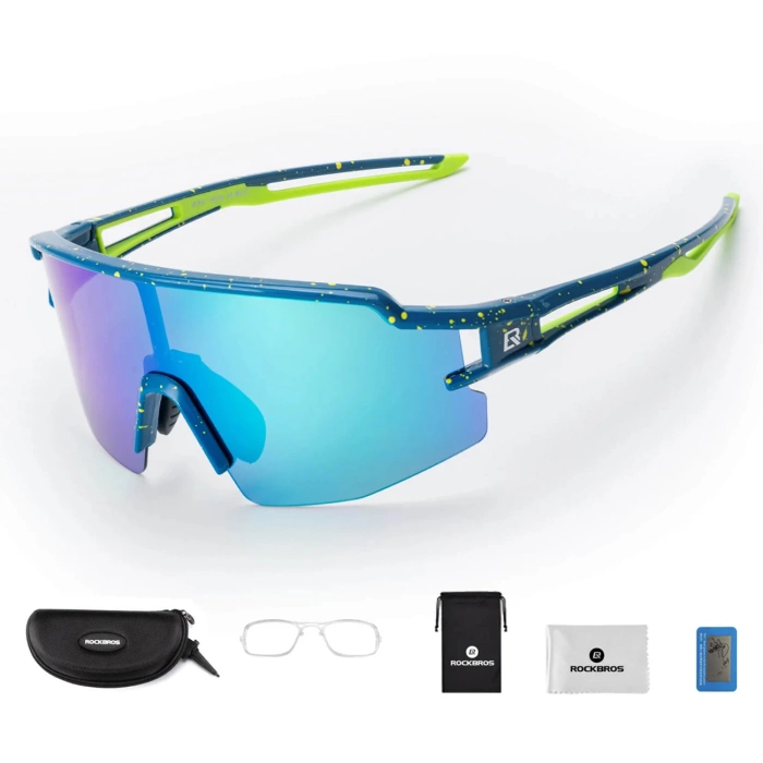 Rockbros Polarisierte Fahrradbrille mit UV-Schutz und Korrektureinsatz, blaue Gläser, Blau