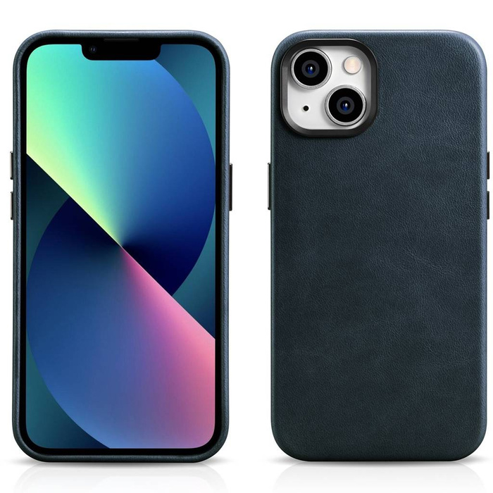 iCarer Oil Wax Premium Leather Case iPhone 14 Étui en cuir magnétique avec MagSafe bleu foncé (WMI14220701-BU)