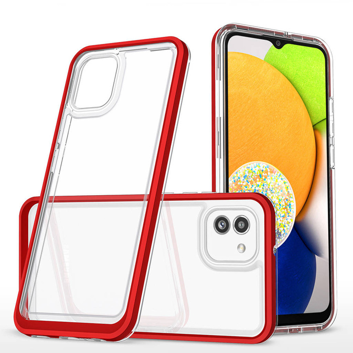 Průhledný kryt 3v1 obal Samsung Galaxy A03 silikonový s rámečkem červený